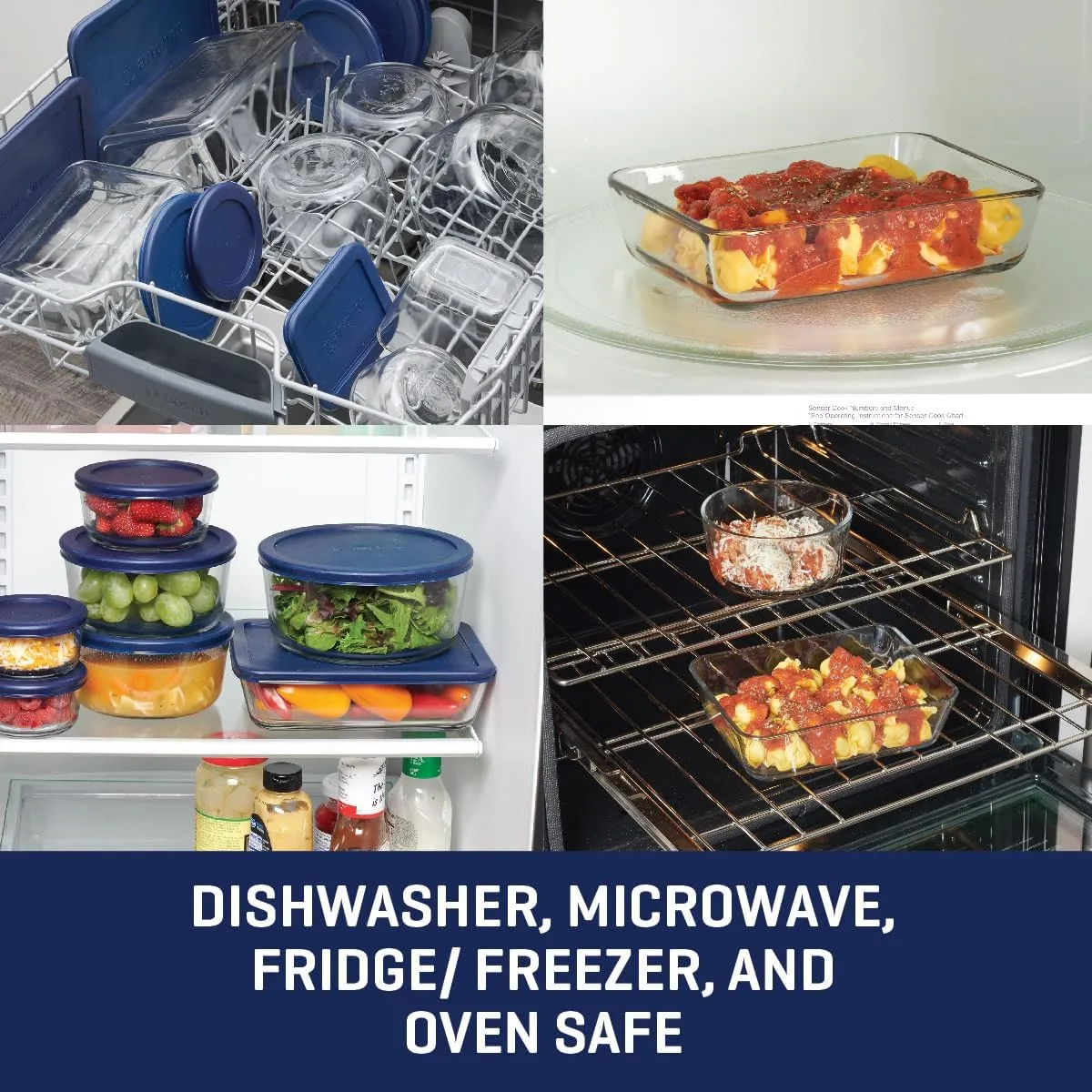 Anchor Hocking 26 Piece Glass Storage Containers with Lids (13 Glass Food Storage Containers & 13 Navy Blue SnugFit Lids)