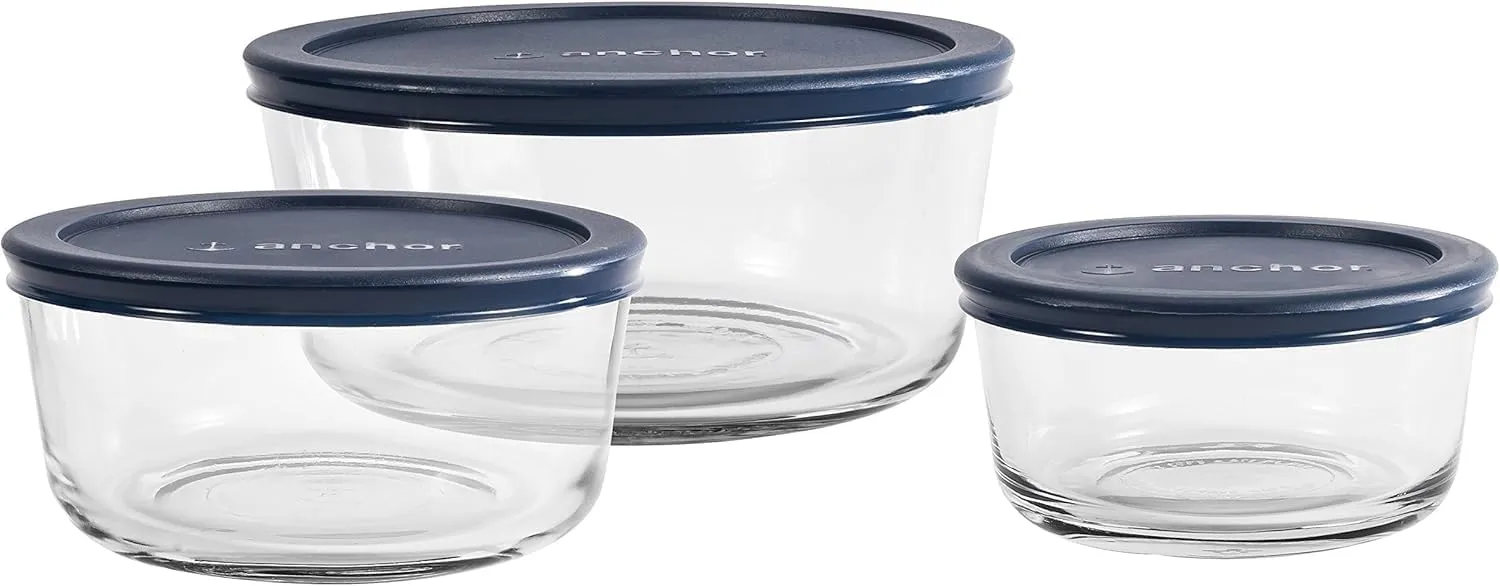 Anchor Hocking Classic Glass Food Storage Containers with Lids, Blue, 6-Piece Set -