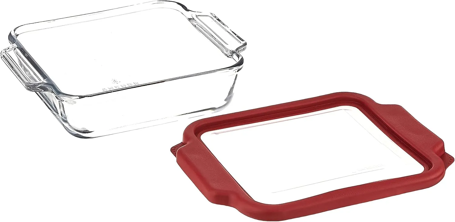 Anchor Hocking Glass Baking Dishes for Oven, 8 Inch Square Glass Cake Pan with TrueFit Cherry Lid
