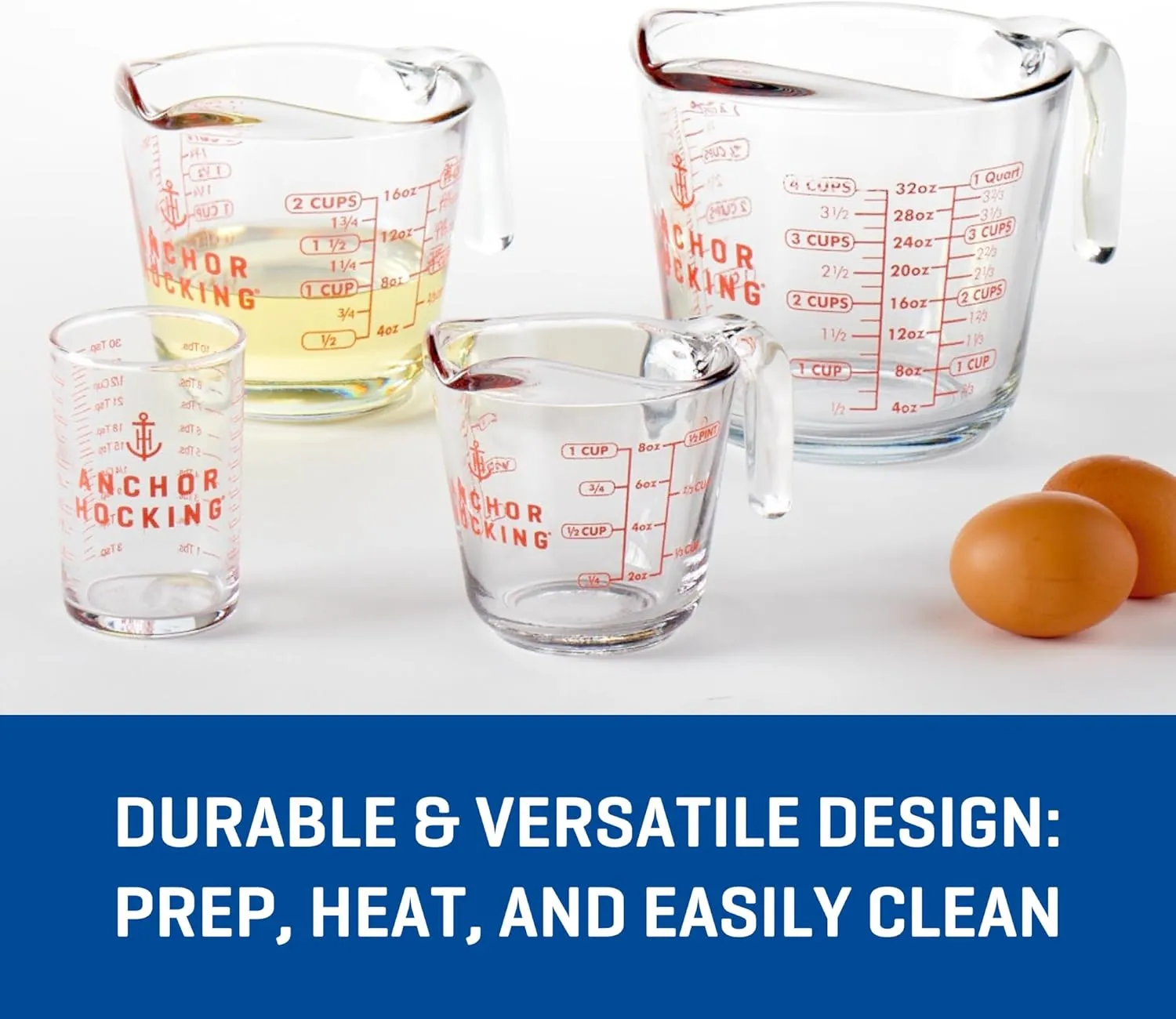 Anchor Hocking Glass Measuring Cups, 4 Piece Set (5 Ounce, 1 Cup, 2 Cup, 4 Cup liquid measuring cups)