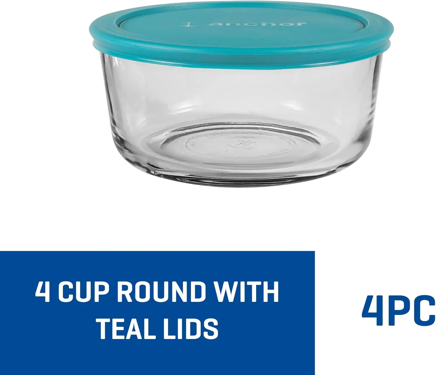 Anchor Hocking SnugFitTM Round Food Storage Containers with Lids (4-Piece, 4-cup, Teal, oven-safe)