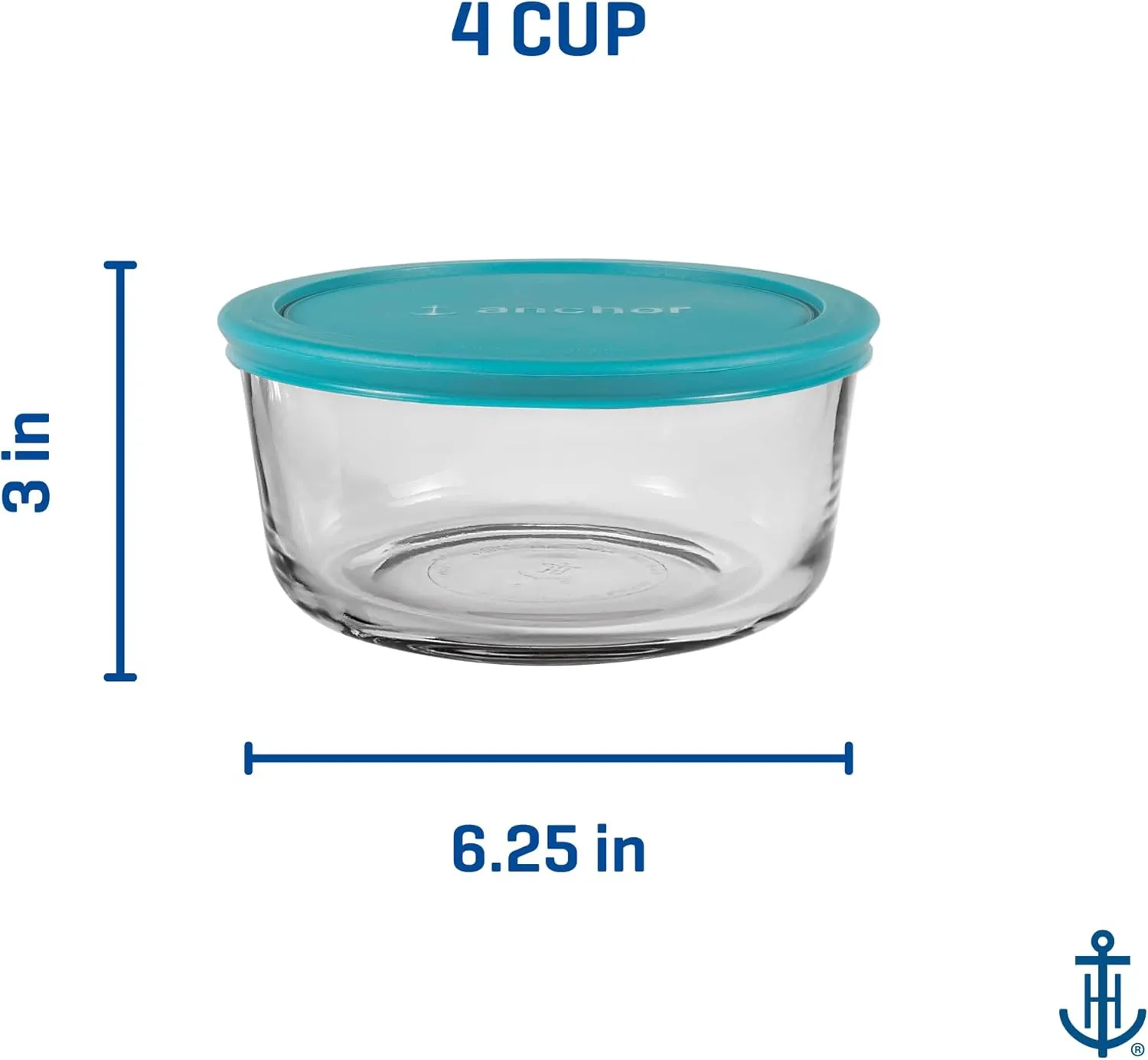 Anchor Hocking SnugFitTM Round Food Storage Containers with Lids (4-Piece, 4-cup, Teal, oven-safe)