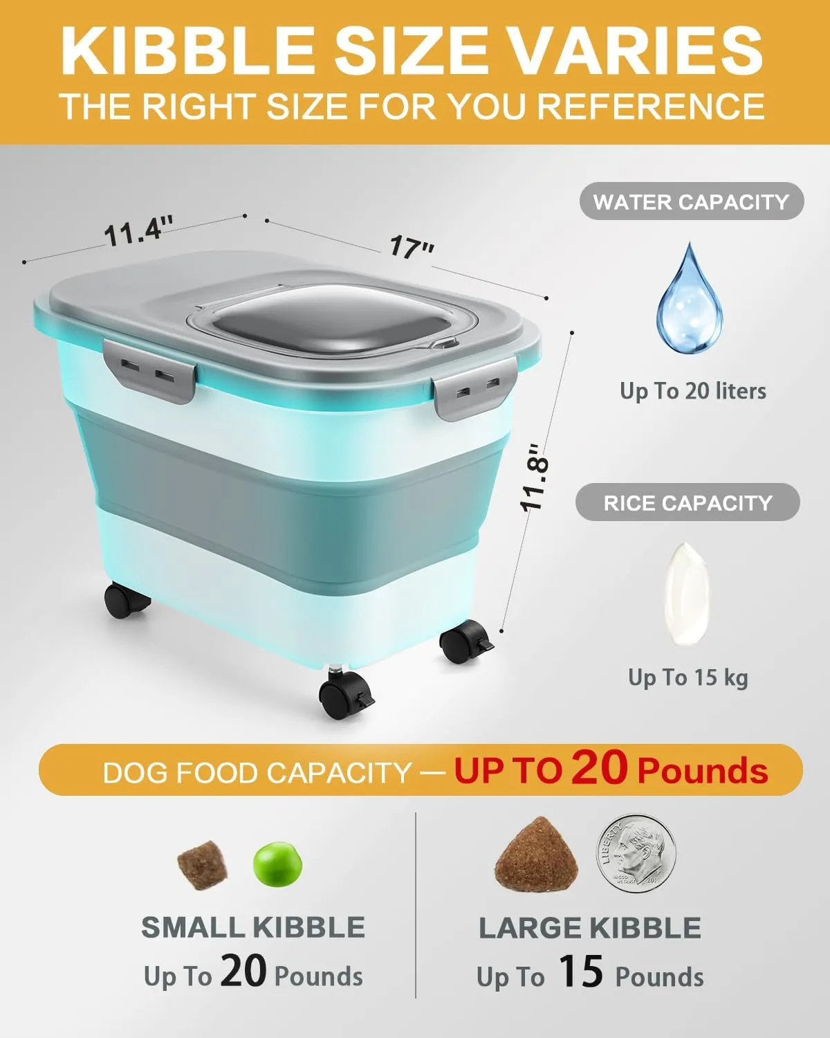 ANVS Dog Food Storage Container - Up to 20lbs Collapsible Dog Food Container with Casters, Scoop and 2.5L Small Pet Food Container to Keep Dry Pet Food Fresh (Khaki)