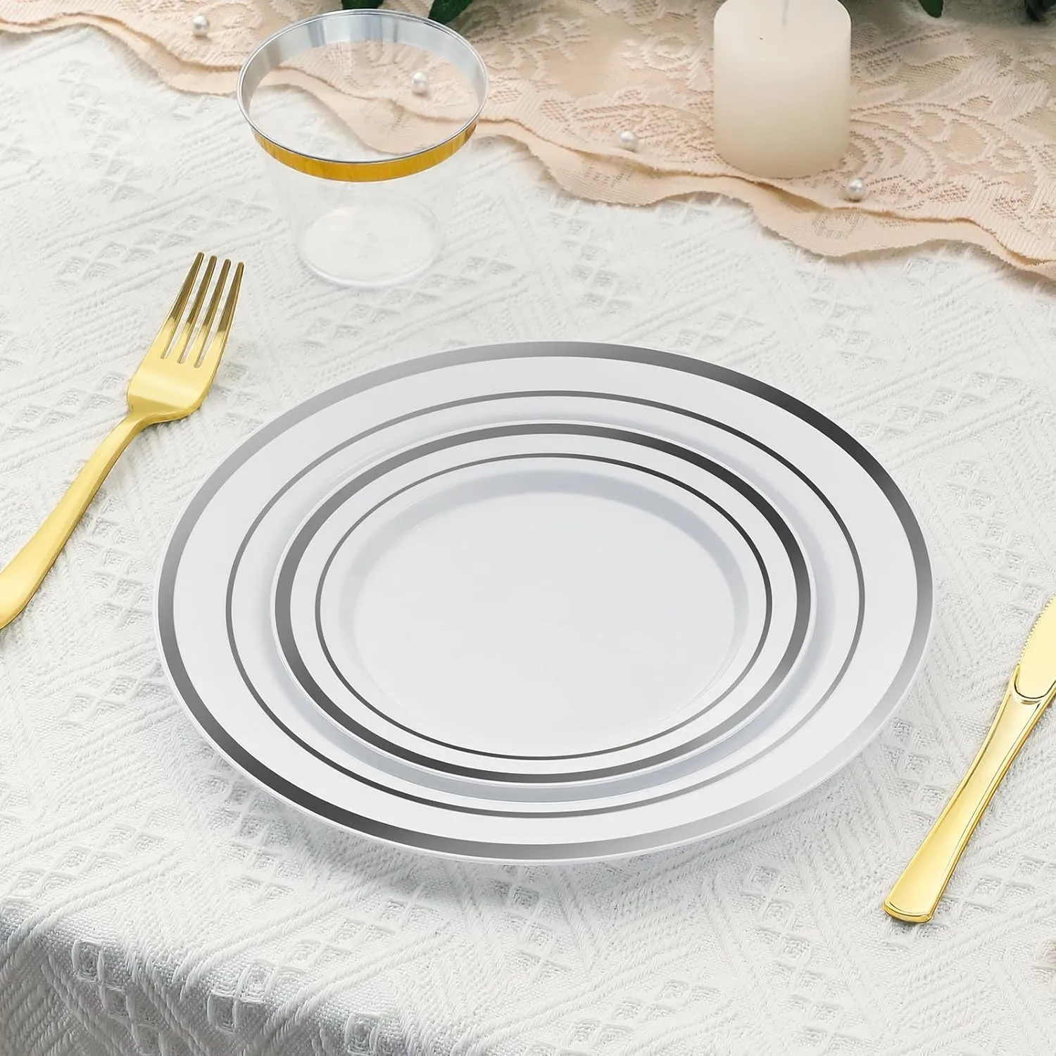 AOZITA 200Pcs Silver Plastic Plates, Disposable Plastic Party Plates for Party, Wedding and Birthday