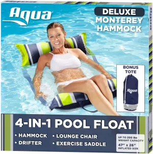 Aqua 4-in-1 Deluxe Monterey, Resort-Quality Pool Float and Water Hammock,Multi-Purpose, Inflatable Pool Floats for Adults with Thick, Durable Material, Navy/Green Stripe