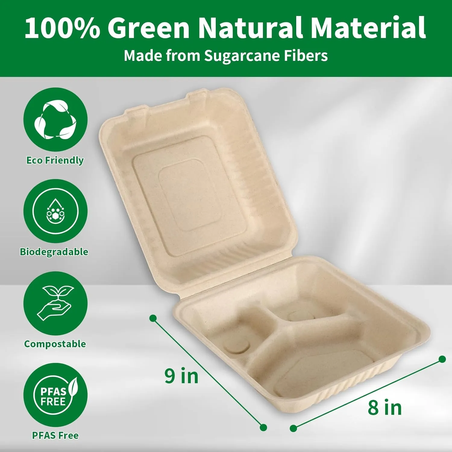 Aricsen 100 Pack 3 Compartment Compostable 8x9 Inch Takeout Lunch Box Containers with Lid To Go Take Out Clamshell for Food, Disposable Eco-Friendly Biodegradable Bagasse, PFAS-Free, Brown