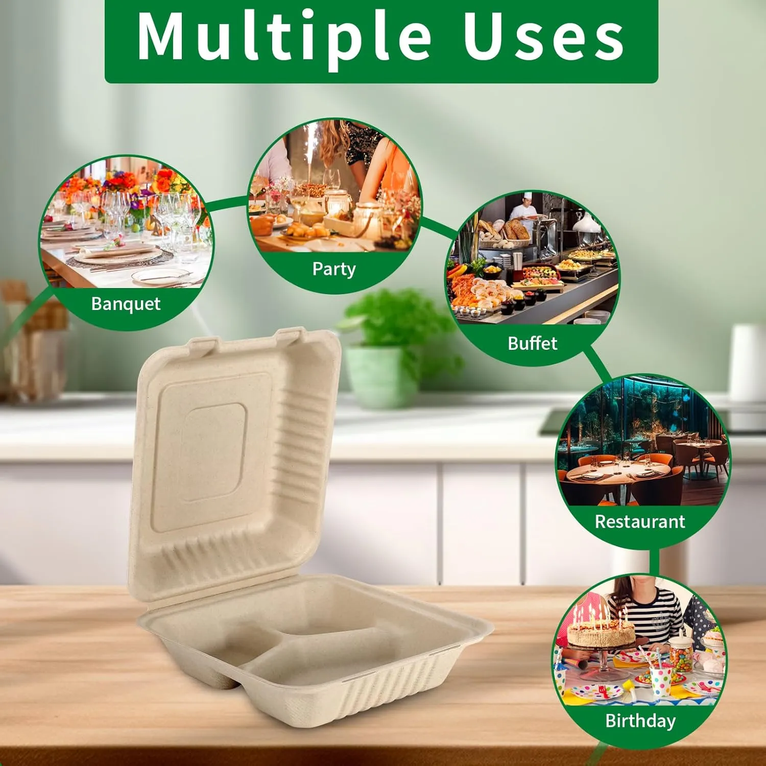 Aricsen 100 Pack 3 Compartment Compostable 8x9 Inch Takeout Lunch Box Containers with Lid To Go Take Out Clamshell for Food, Disposable Eco-Friendly Biodegradable Bagasse, PFAS-Free, Brown