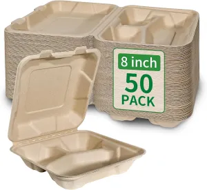 Aricsen Compostable 50 Pack 8x8 Inch 3 Compartment Takeout Lunch Box Containers with Lid, To Go Take Out Clamshell for Food, Disposable Eco-Friendly Biodegradable Bagasse, PFAS-Free, Unbleached Brown