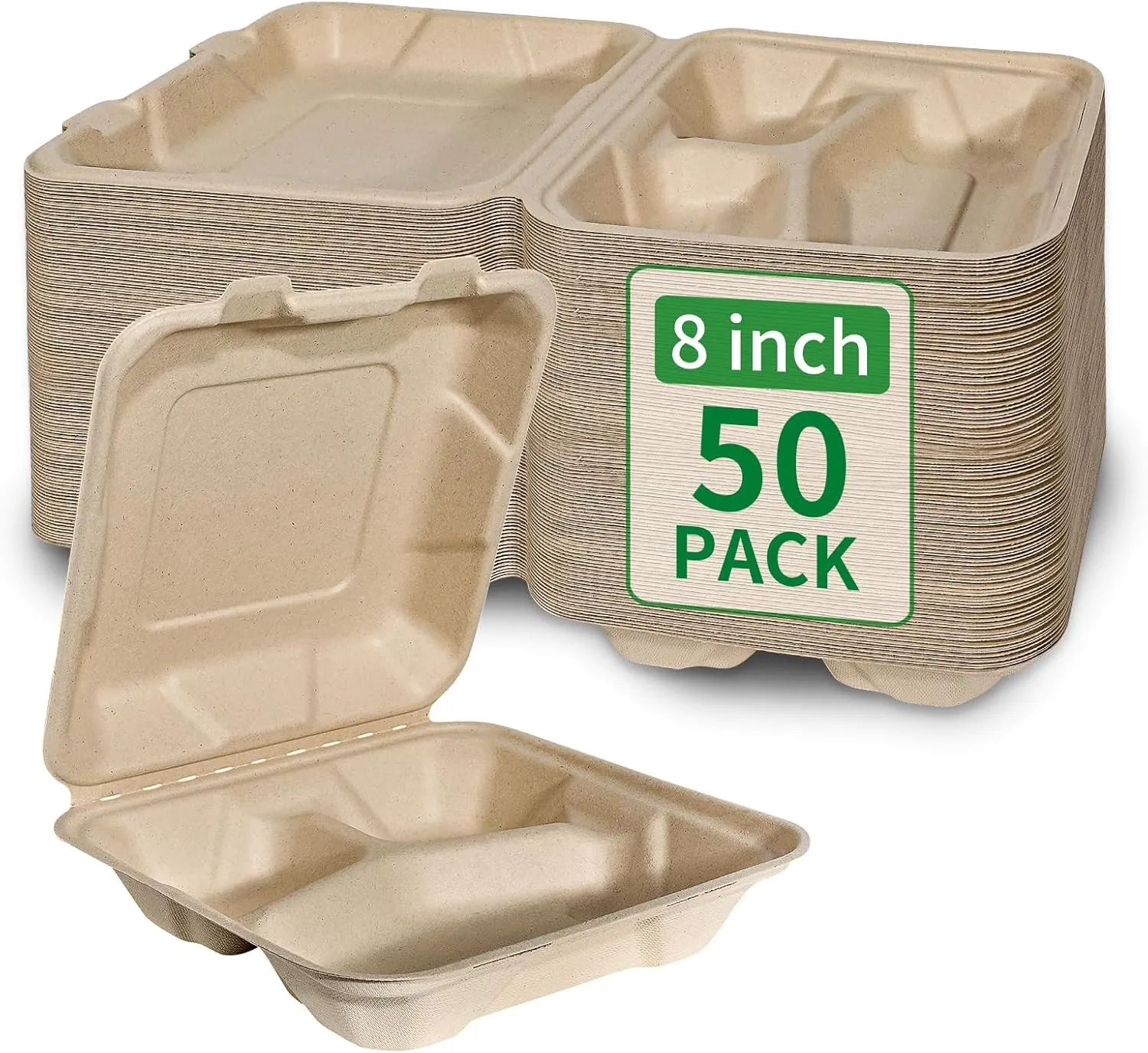 Aricsen Compostable 50 Pack 8x8 Inch 3 Compartment Takeout Lunch Box Containers with Lid, To Go Take Out Clamshell for Food, Disposable Eco-Friendly Biodegradable Bagasse, PFAS-Free, Unbleached Brown