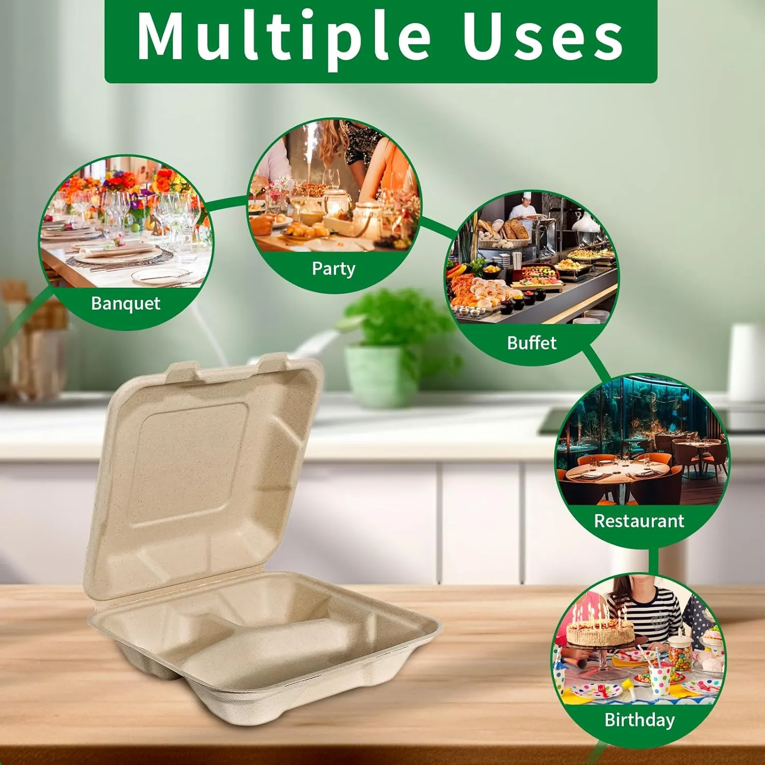 Aricsen Compostable 50 Pack 8x8 Inch 3 Compartment Takeout Lunch Box Containers with Lid, To Go Take Out Clamshell for Food, Disposable Eco-Friendly Biodegradable Bagasse, PFAS-Free, Unbleached Brown