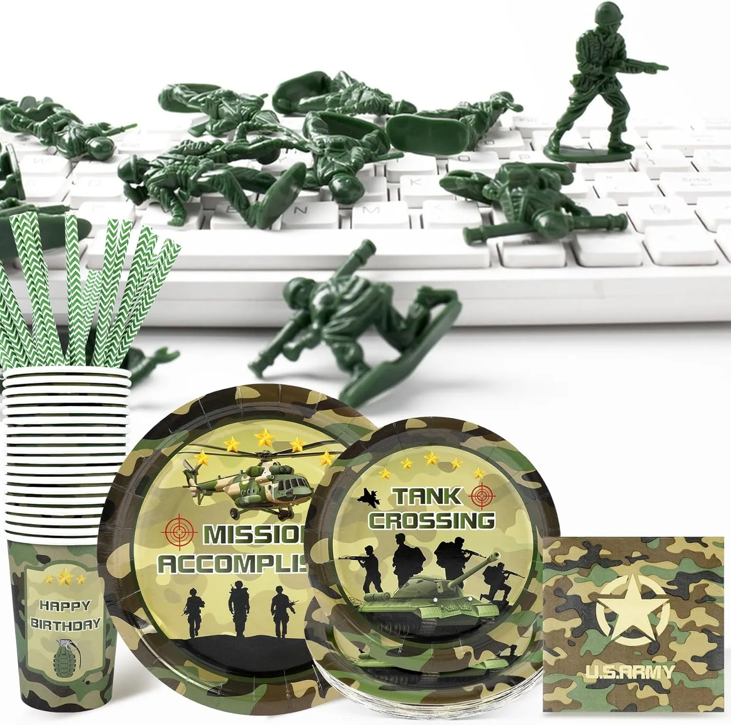 Army Birthday Party Supplies Decorations, Camo Theme Birthday Paper Plates and Napkins Set with Cups and Straws for 24 Guests, 120 Pcs Disposable Party Dessert Dinnerwares