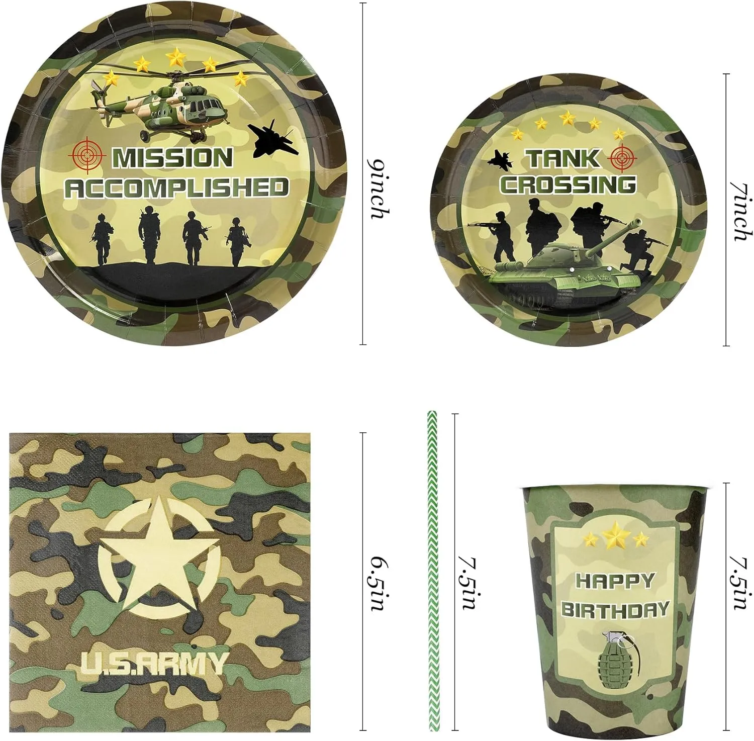 Army Birthday Party Supplies Decorations, Camo Theme Birthday Paper Plates and Napkins Set with Cups and Straws for 24 Guests, 120 Pcs Disposable Party Dessert Dinnerwares