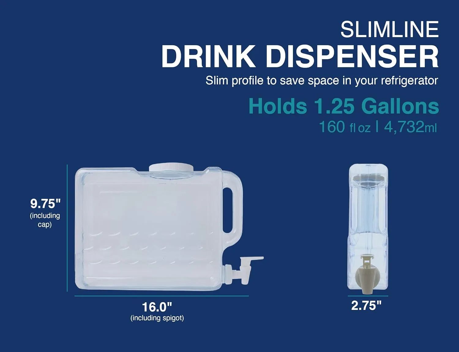 Arrow Home Products Slimline Drink Dispenser for Fridge, 1.25 Gallons - Plastic Beverage Dispenser with Spigot for Easy Dispensing - USA Made, BPA Free Plastic - Convenient Handle, Easy-Pour Spout