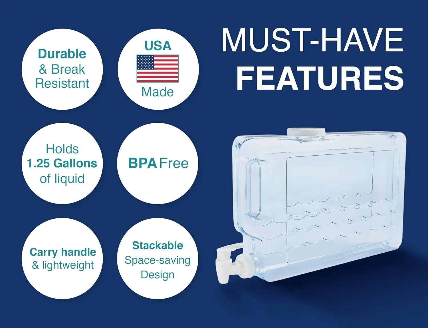 Arrow Home Products Slimline Drink Dispenser for Fridge, 1.25 Gallons - Plastic Beverage Dispenser with Spigot for Easy Dispensing - USA Made, BPA Free Plastic - Convenient Handle, Easy-Pour Spout