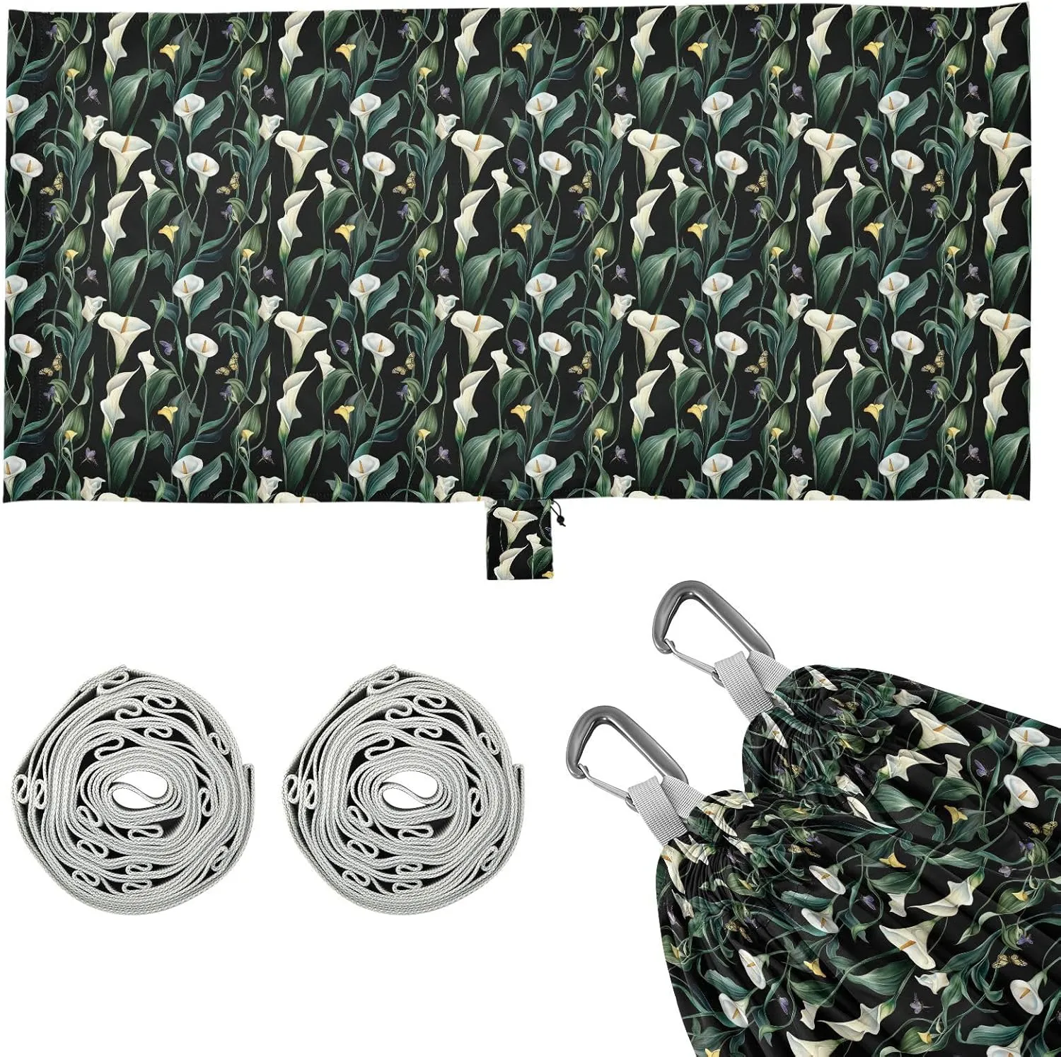 Art Calla Lily Black Flower Hammocks for Camping with Tree Straps Fabric Hammock for Outside Patio Garden