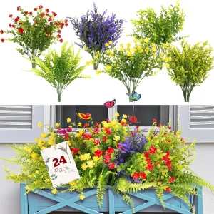 Artificial Flowers for Outdoors UV Resistant 24 Bundles Fake Flowers Outdoor Plastic Flower Realistic Artificial Daffodils for Spring Summer Garden Patio Window Office Porch Cemetery, Decor