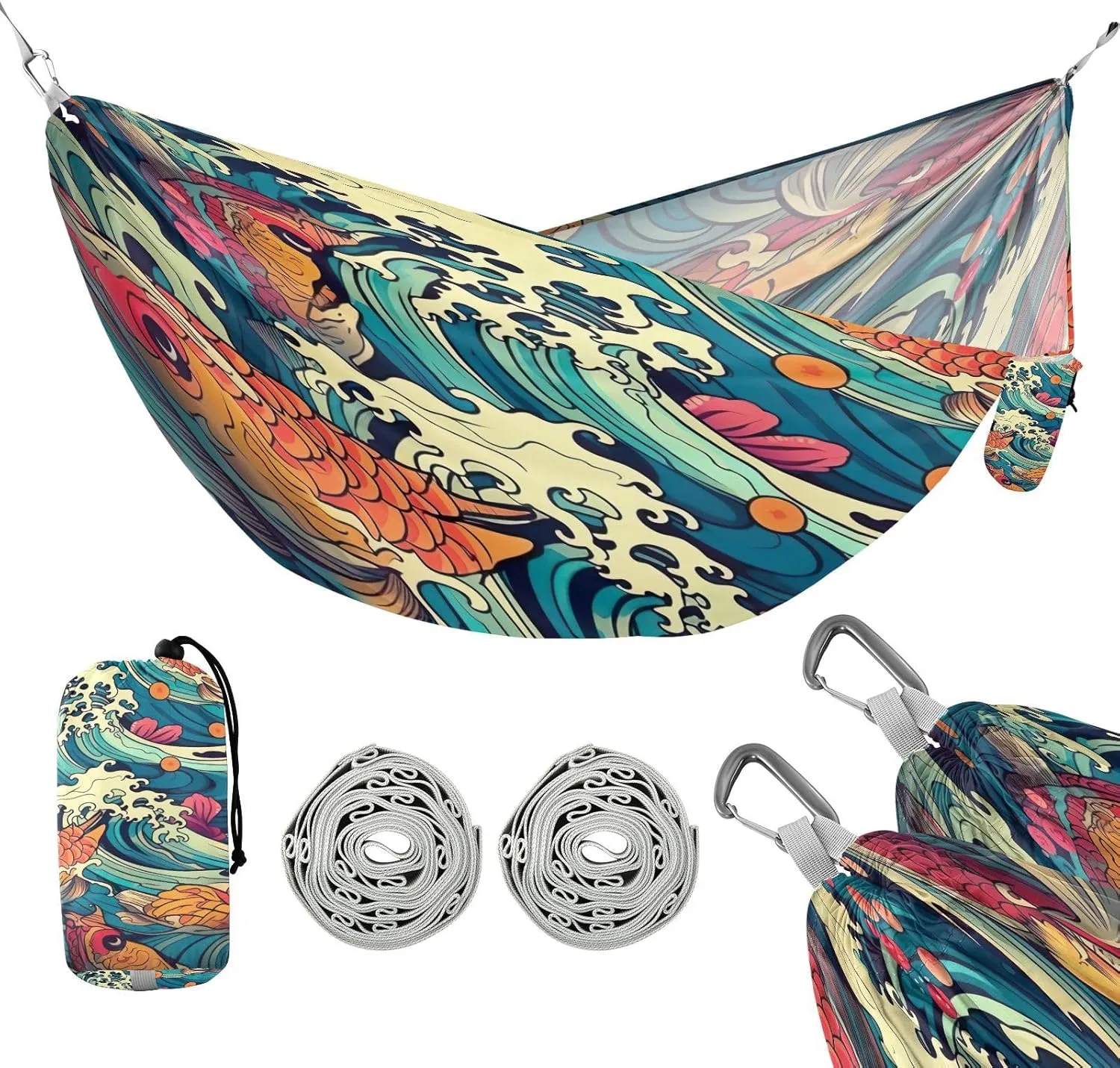 ATTX Colorful Fish Waves Camping Hammock - Lightweight & Portable Hammocks, Heavy Duty 330lbs Capacity for Indoor, Hiking, Backpacking, Travel, Backyard, Beach#439