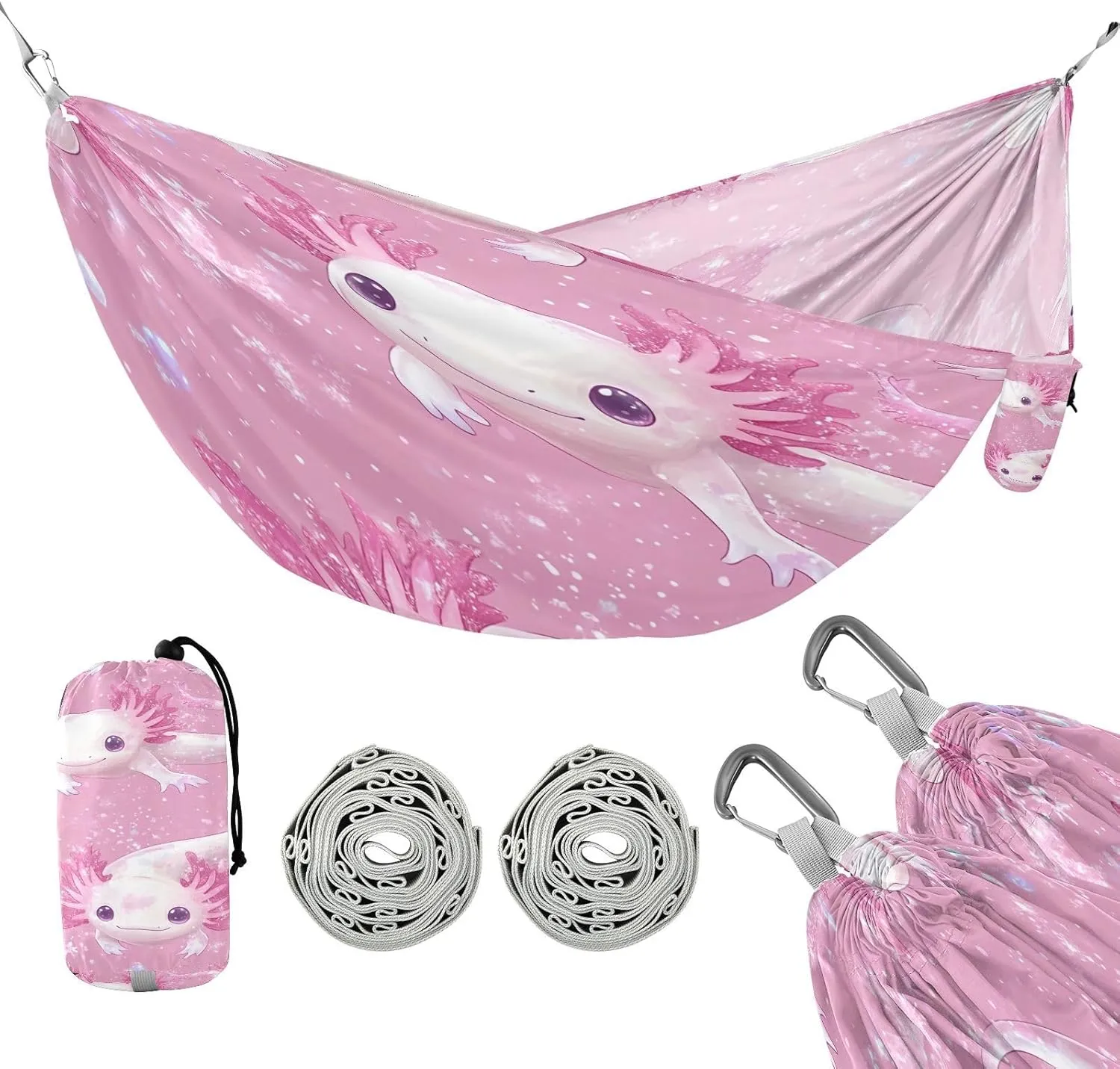 ATTX Kawaii Axolotl Camping Hammock - Lightweight & Portable Hammocks, Heavy Duty 330lbs Capacity for Indoor, Hiking, Backpacking, Travel, Backyard, Beach#231