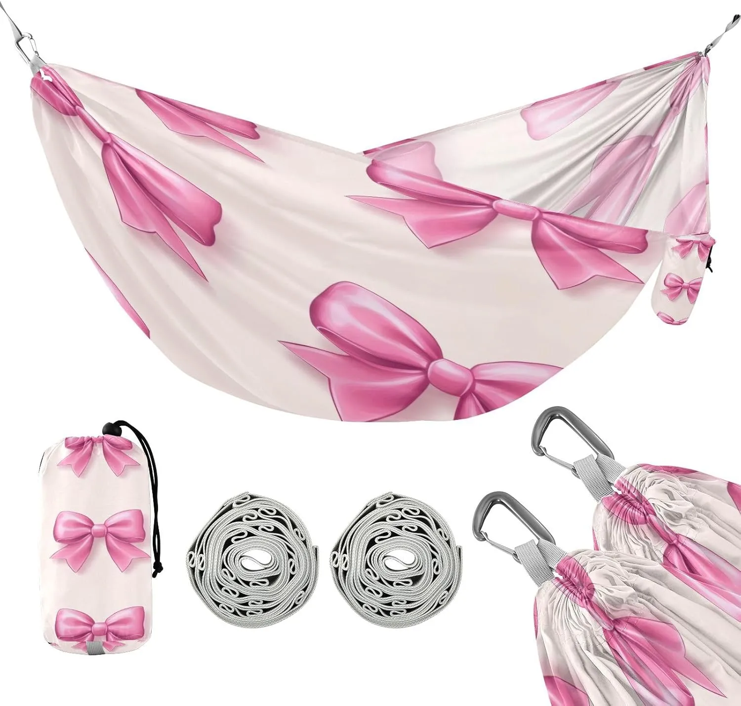 ATTX Pink Bows Camping Hammock - Lightweight & Portable Hammocks, Heavy Duty 330lbs Capacity for Indoor, Hiking, Backpacking, Travel, Backyard, Beach#533