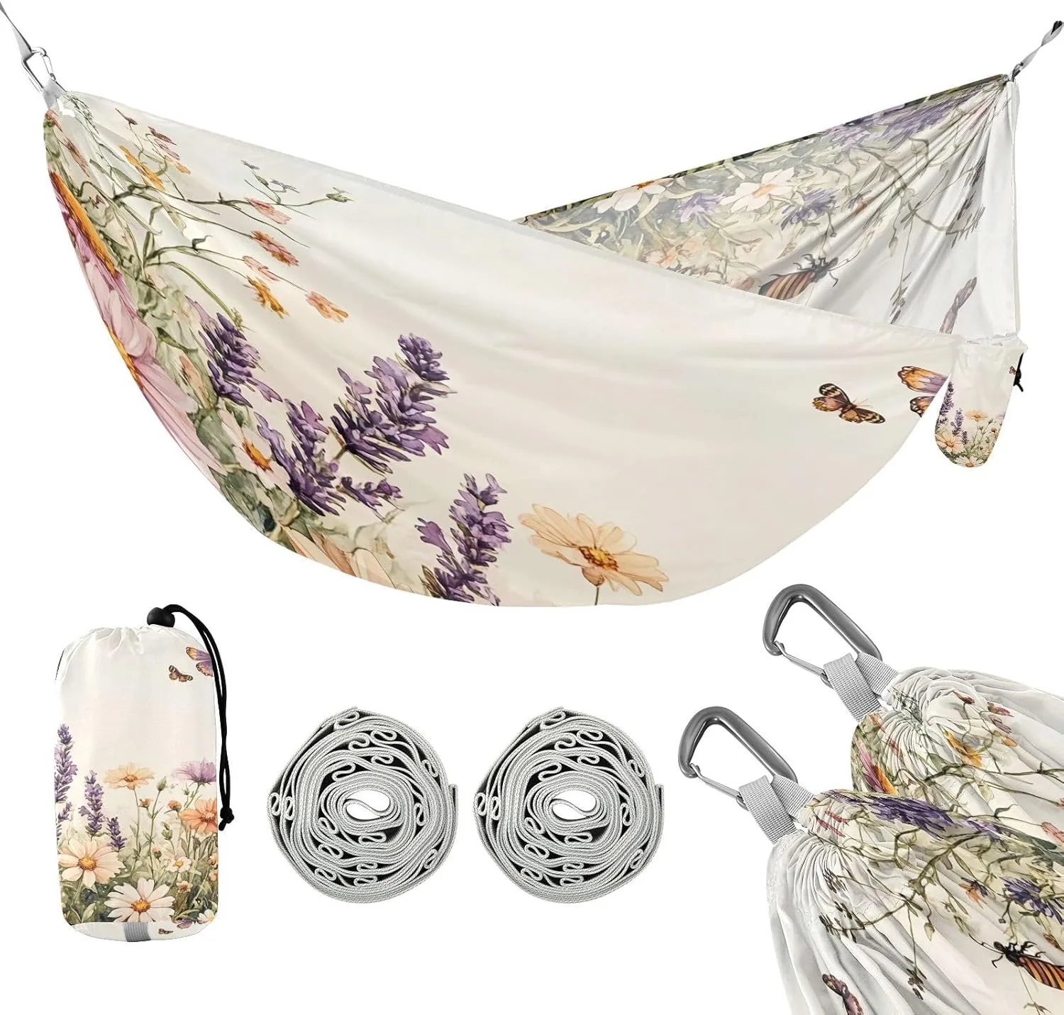 ATTX Spring Wildflowers and Butterflies Camping Hammock - Lightweight & Portable Hammocks, Heavy Duty 330lbs Capacity for Indoor, Hiking, Backpacking, Travel, Backyard, Beach#82