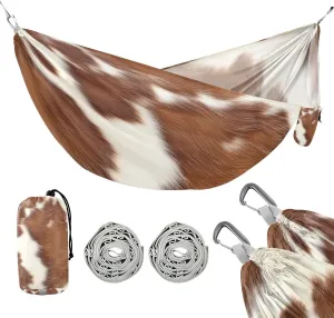ATTX White Brown Print Cow Camping Hammock - Lightweight & Portable Hammocks, Heavy Duty 330lbs Capacity for Indoor, Hiking, Backpacking, Travel, Backyard, Beach#182
