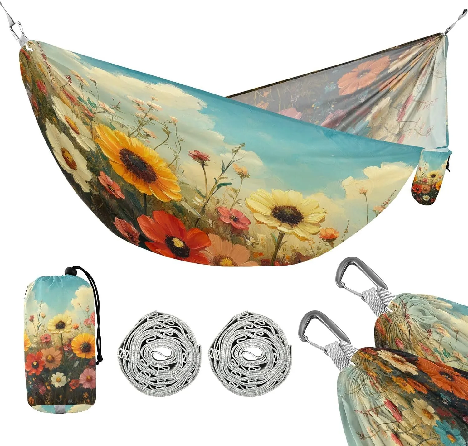 ATTX Wild Flowers Oil Painting Camping Hammock - Lightweight & Portable Hammocks, Heavy Duty 330lbs Capacity for Indoor, Hiking, Backpacking, Travel, Backyard, Beach#501