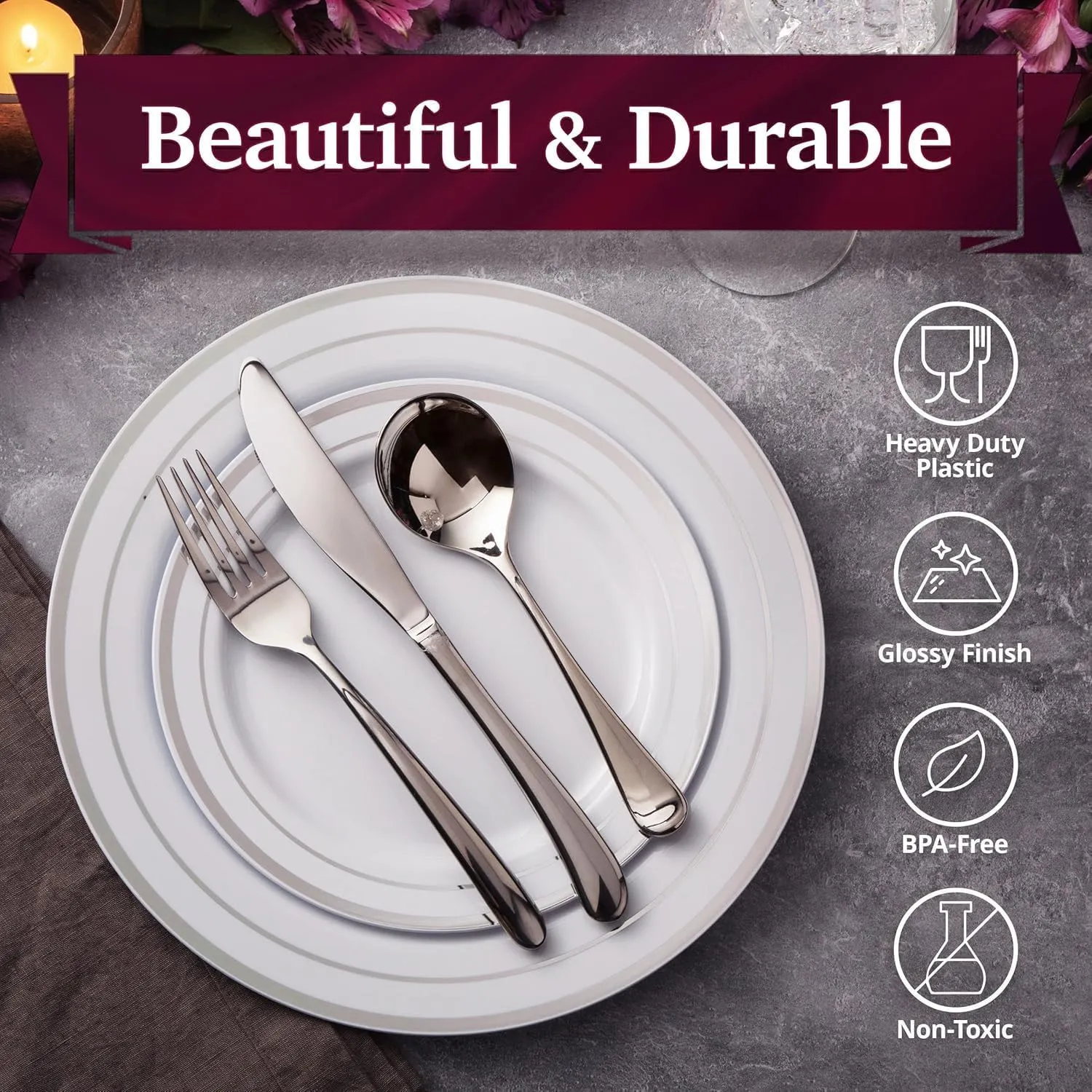 Aya's 60 Silver Rimmed Plastic Plates for Party, Heavy Duty Disposable Plate Set of 30 Dinner and 30 Dessert Plates for Weddings and Special Events, Fancy Disposable Tableware