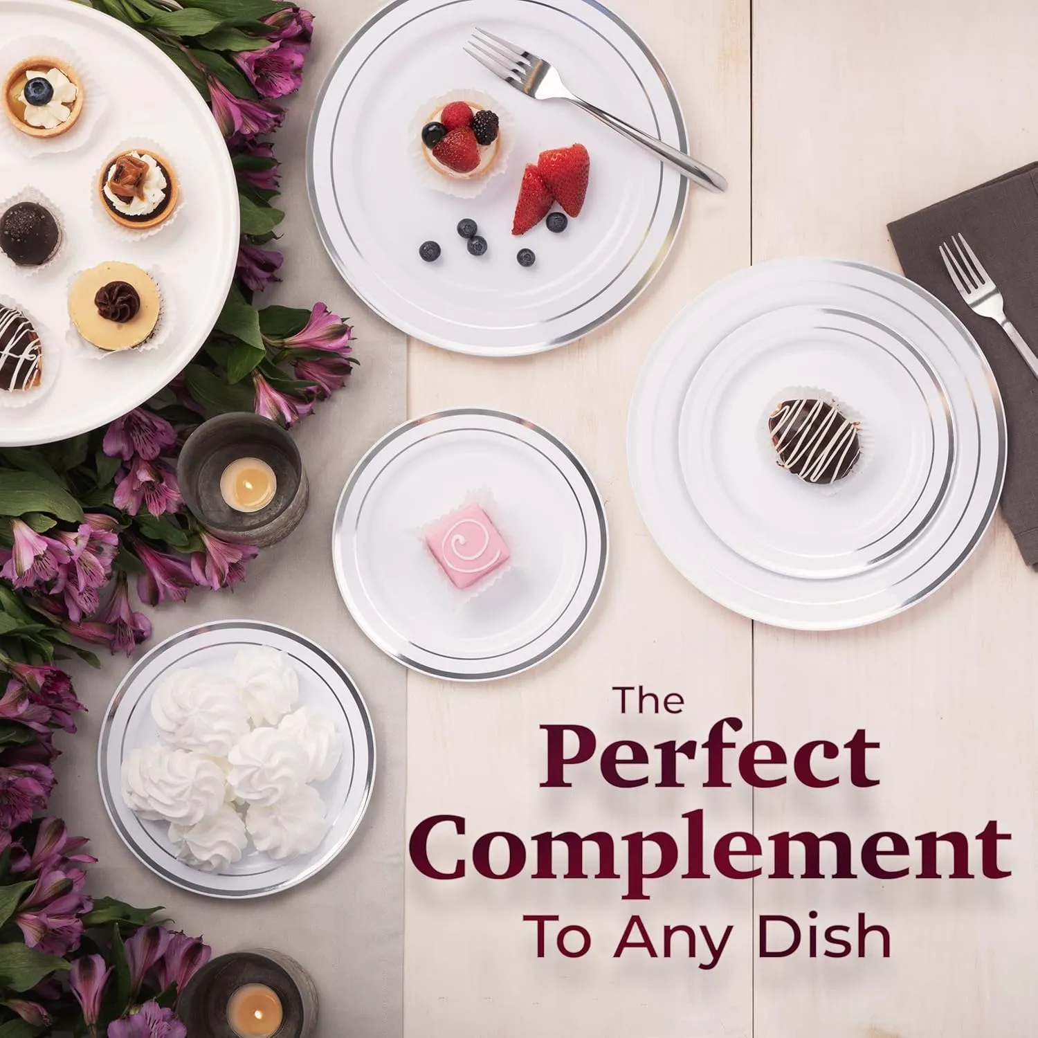 Aya's 60 Silver Rimmed Plastic Plates for Party, Heavy Duty Disposable Plate Set of 30 Dinner and 30 Dessert Plates for Weddings and Special Events, Fancy Disposable Tableware