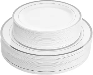 Aya's 60 Silver Rimmed Plastic Plates for Party, Heavy Duty Disposable Plate Set of 30 Dinner and 30 Dessert Plates for Weddings and Special Events, Fancy Disposable Tableware