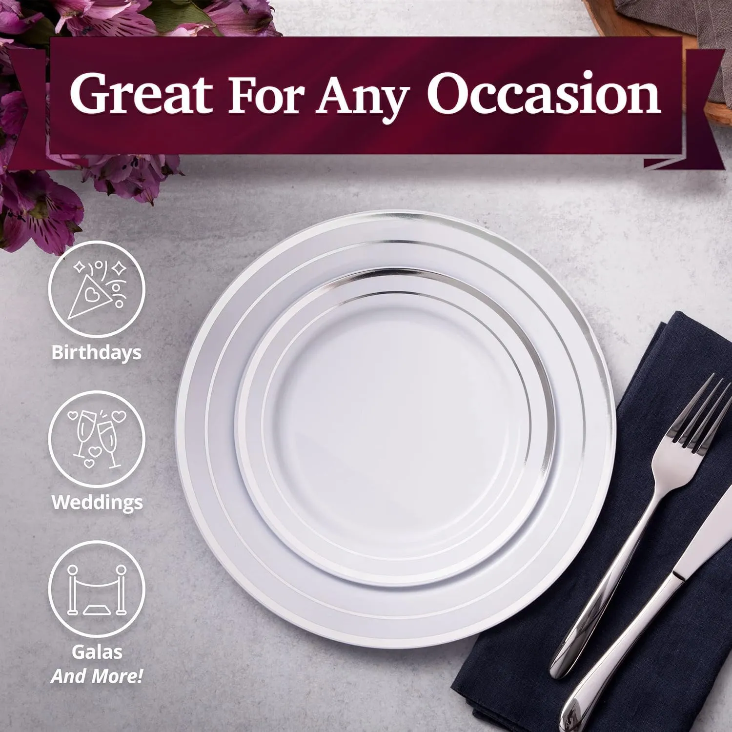 Aya's 60 Silver Rimmed Plastic Plates for Party, Heavy Duty Disposable Plate Set of 30 Dinner and 30 Dessert Plates for Weddings and Special Events, Fancy Disposable Tableware