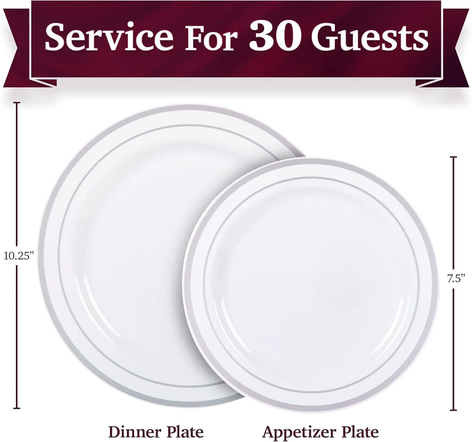 Aya's 60 Silver Rimmed Plastic Plates for Party, Heavy Duty Disposable Plate Set of 30 Dinner and 30 Dessert Plates for Weddings and Special Events, Fancy Disposable Tableware