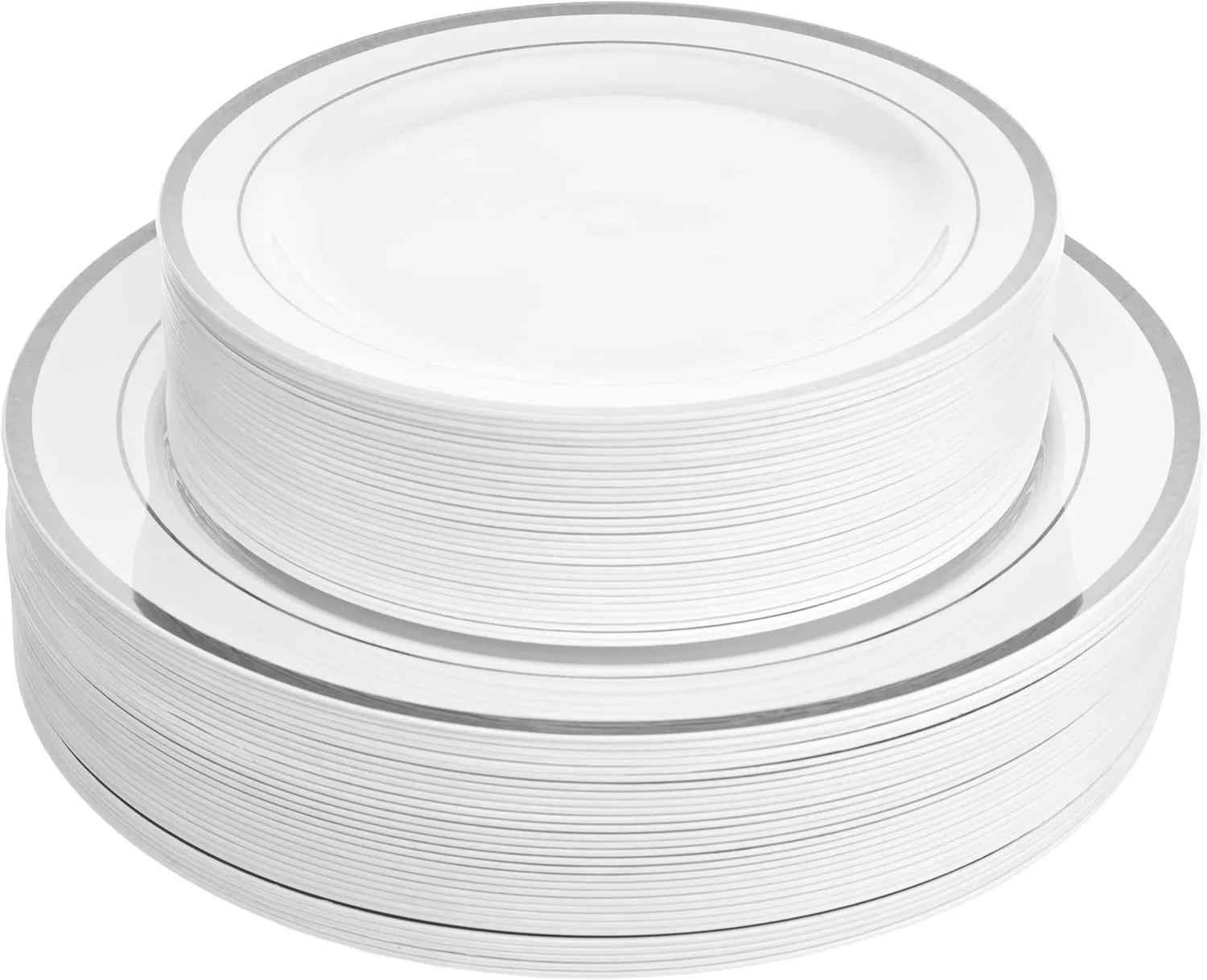 Aya's 60 Silver Rimmed Plastic Plates for Party, Heavy Duty Disposable Plate Set of 30 Dinner and 30 Dessert Plates for Weddings and Special Events, Fancy Disposable Tableware