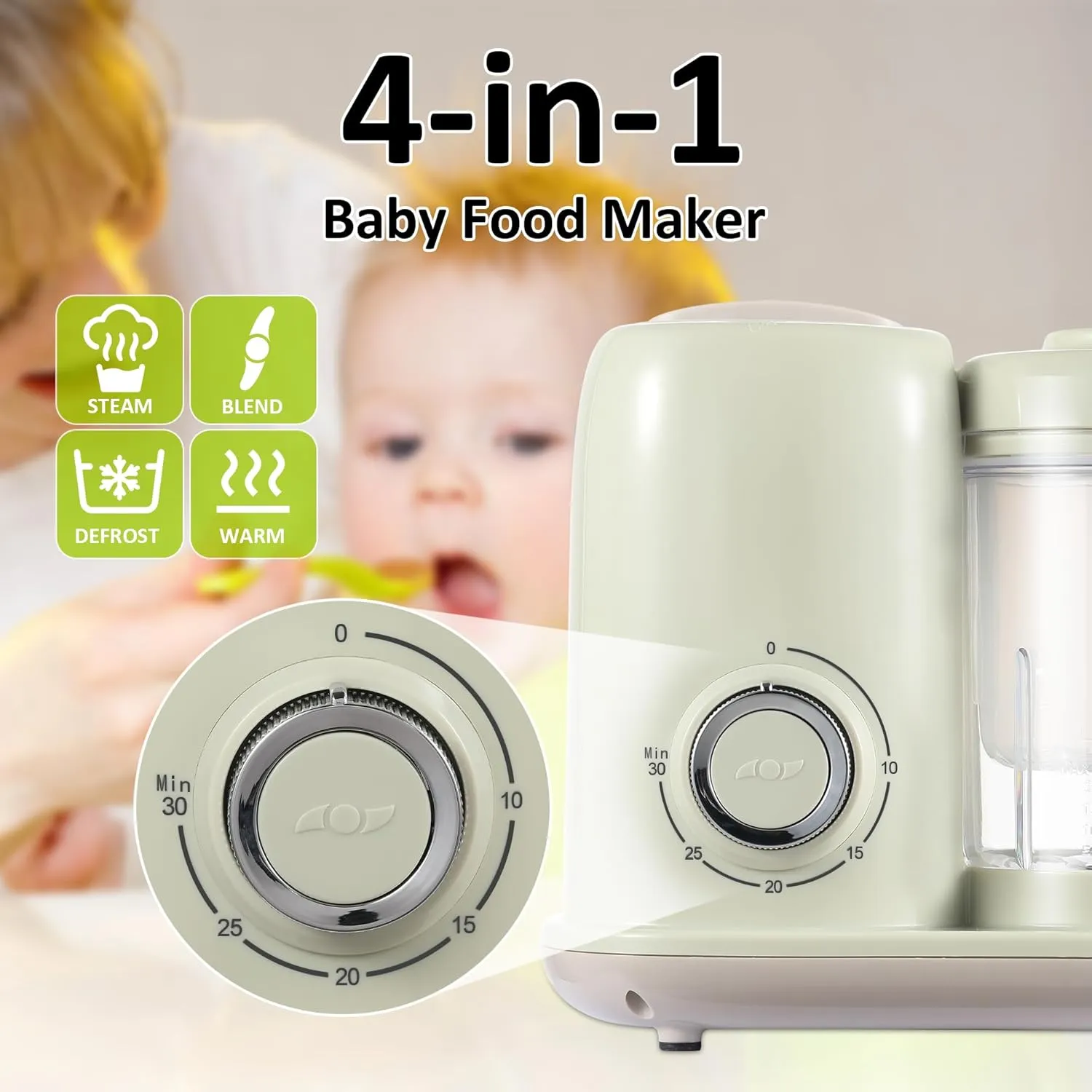 Baby Food Maker, 4 in 1 Baby Food Processor and Steamer, Baby Blender, Multifunctional Baby Puree Maker, Dishwasher Safe, Green, BFM002