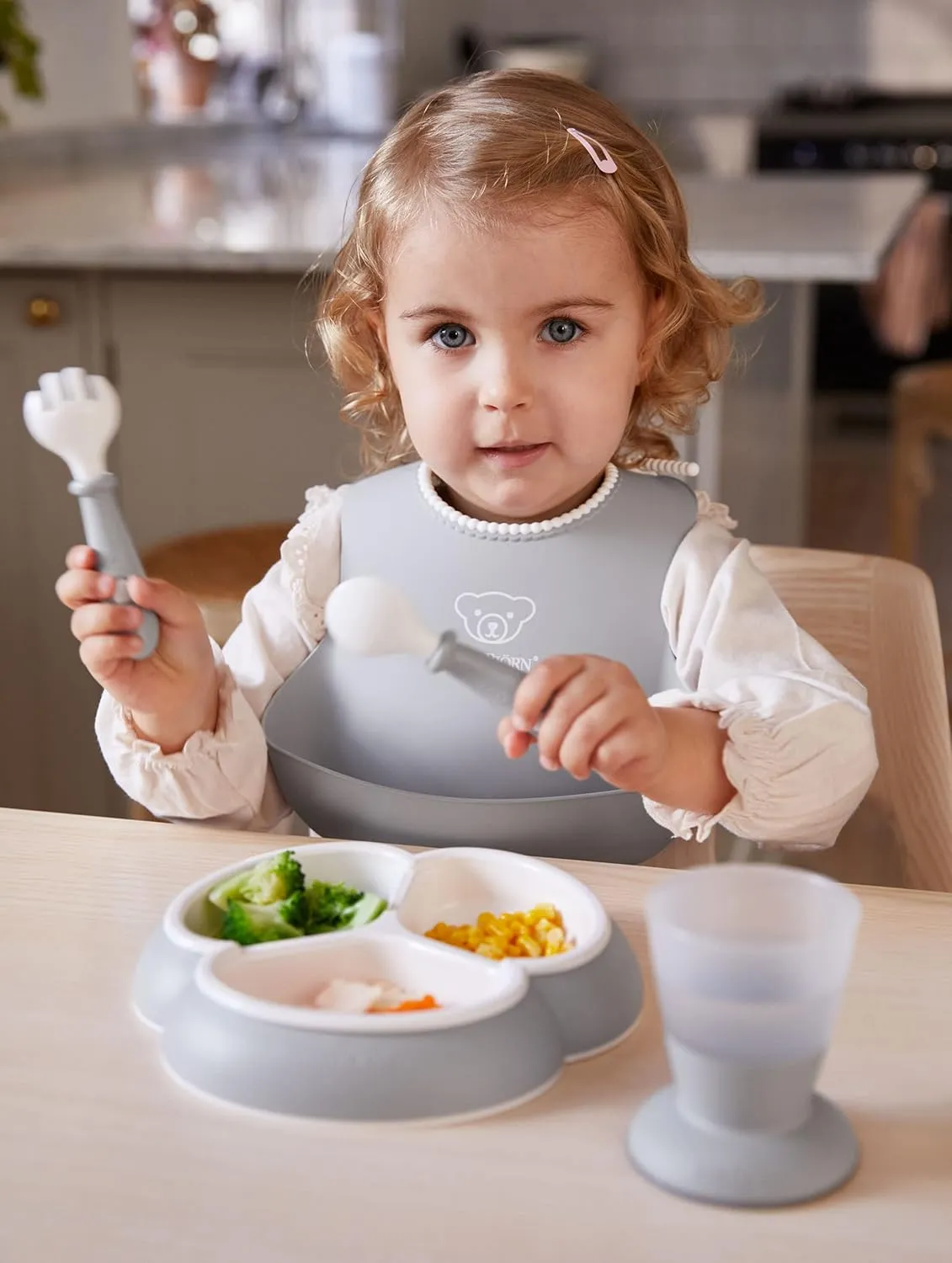 BabyBjörn Baby Spoon and Baby Fork, 4 pcs, Gray | Baby Utinsels | Toddler Utinsels | Toddler Fork and Spoon Set | Baby Silverware | Toddler Silverware