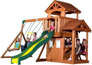 Backyard Discovery Tanglewood Cedar Wood Swing Set with Wave Slide, Clubhouse, Playhouse, Covered Snack Bar Window, Bench, Rock Wall Ladder, Belt Swings, Trapeze, Porch, Step Ladder, Outdoor Playset