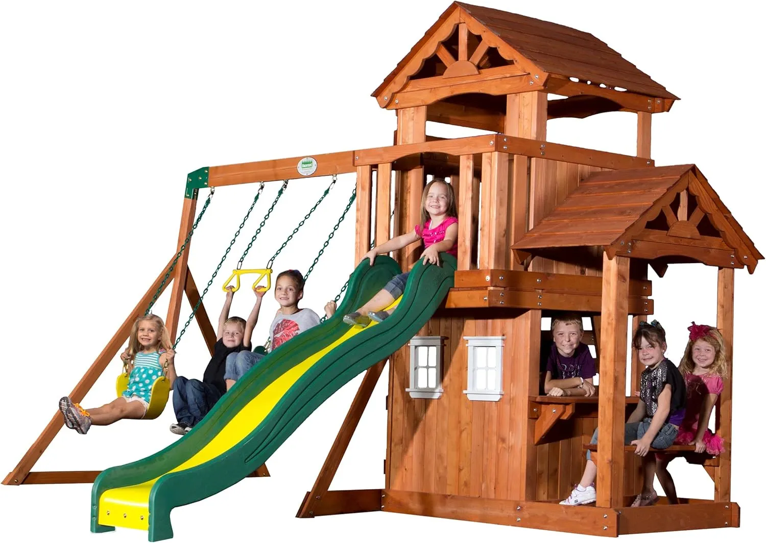 Backyard Discovery Tanglewood Cedar Wood Swing Set with Wave Slide, Clubhouse, Playhouse, Covered Snack Bar Window, Bench, Rock Wall Ladder, Belt Swings, Trapeze, Porch, Step Ladder, Outdoor Playset