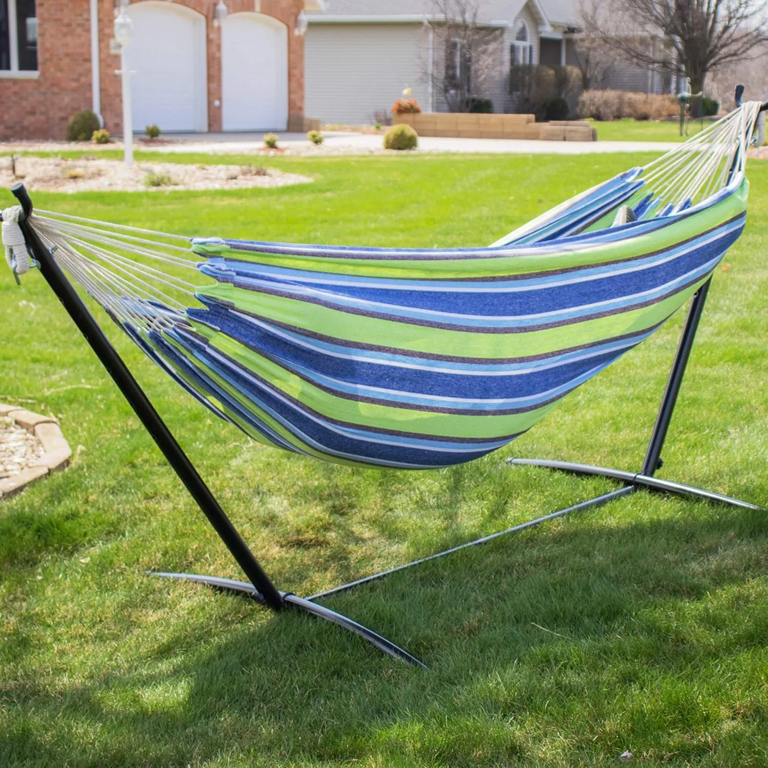 Backyard Expressions - 914920 - Ocean Floor Pattern - Portable Double 2 Person Outdoor Hammock with Stand - Green and Blue - 9 x 3 Foot Hammock