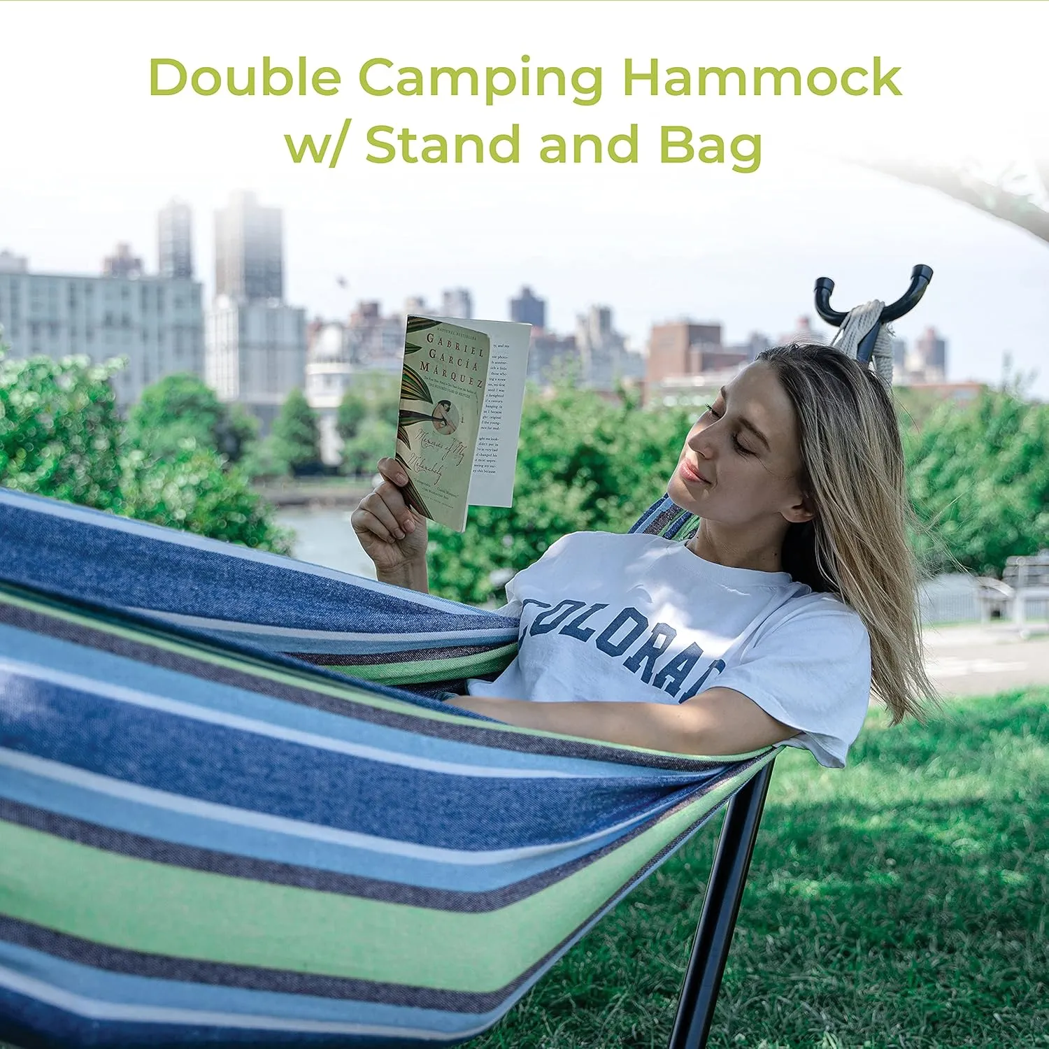 Backyard Expressions - 914920 - Ocean Floor Pattern - Portable Double 2 Person Outdoor Hammock with Stand - Green and Blue - 9 x 3 Foot Hammock