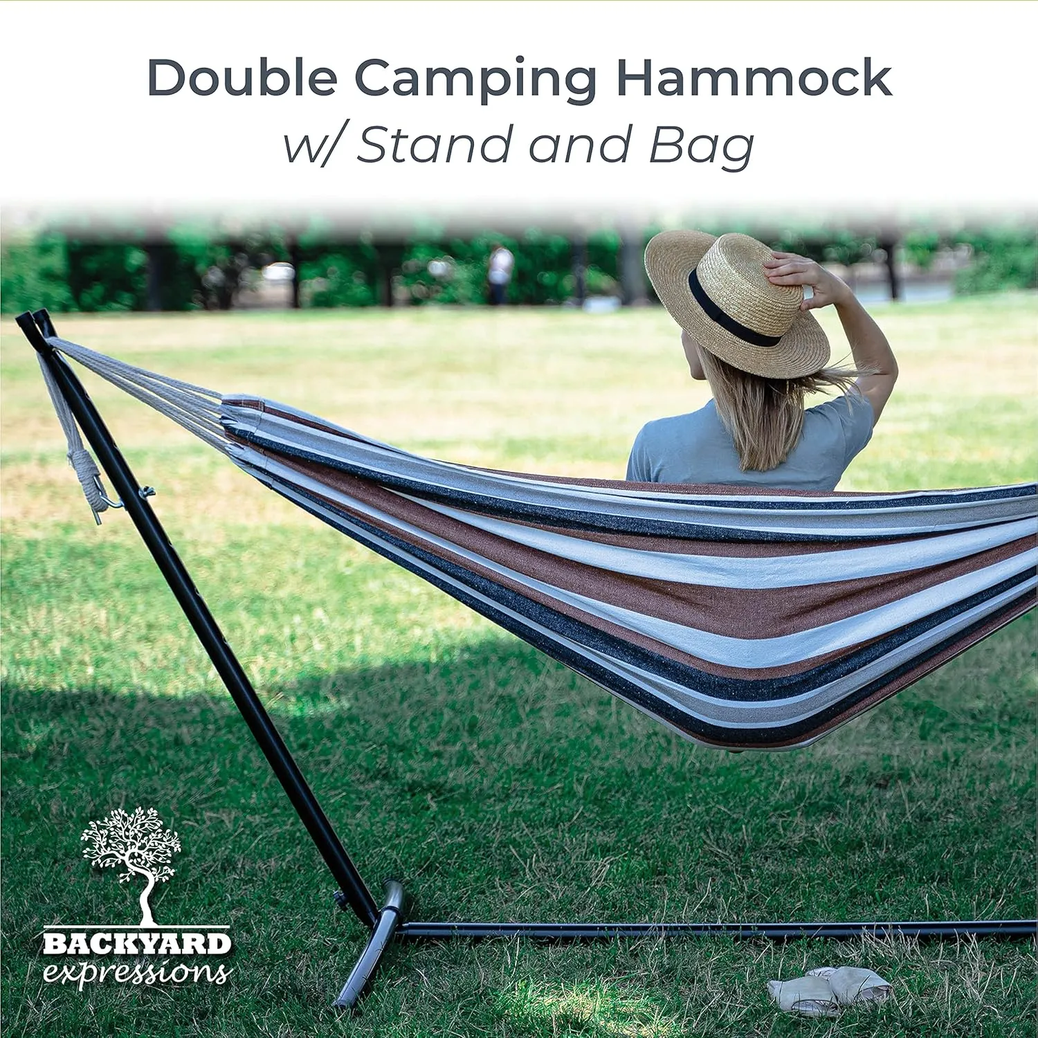 Backyard Expressions - 914921 - Portable Double 2 Person Outdoor Hammock with Stand - Brown and Gray - 9 x 3 Foot Hammock