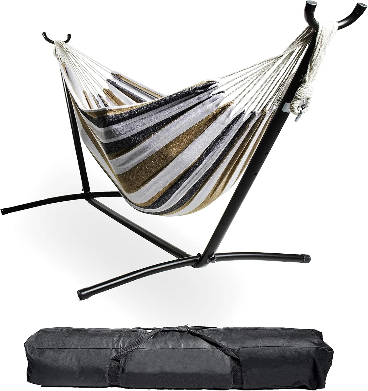 Backyard Expressions - 914921 - Portable Double 2 Person Outdoor Hammock with Stand - Brown and Gray - 9 x 3 Foot Hammock