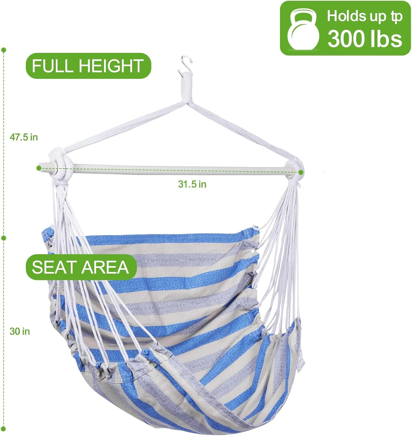 Backyard Expressions Striped Hammock Chair Hanging Rope Swing Chair, Anti Slip Steel Spreader Bar
