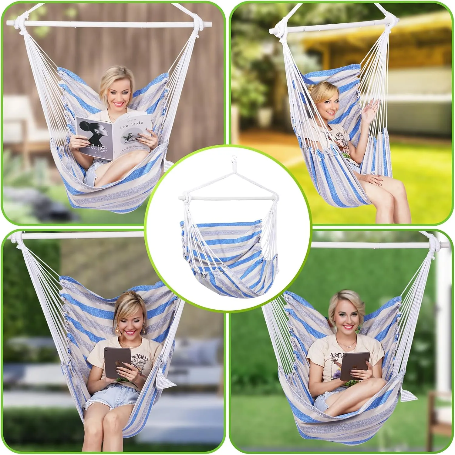 Backyard Expressions Striped Hammock Chair Hanging Rope Swing Chair, Anti Slip Steel Spreader Bar