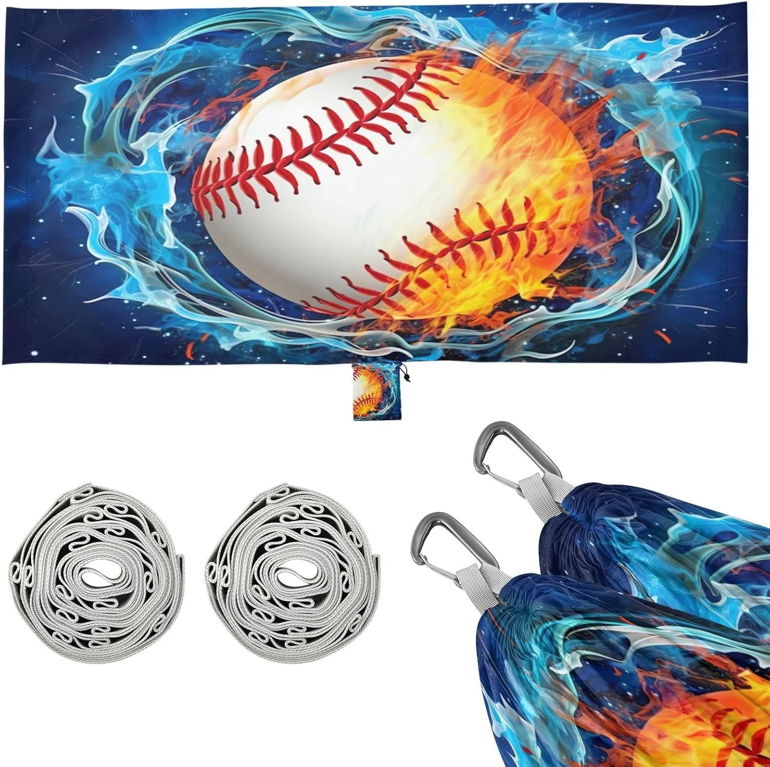Baseball on Fire Camping Hammock, Single Portable Hammocks with Tree Straps & Attached Carry Bag, 330Lbs Capacity Perfect for Outside Indoor Hiking Beach Backpack Travel