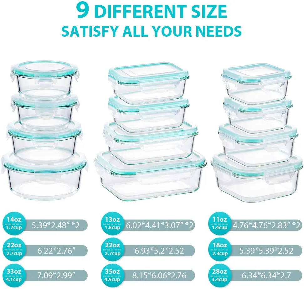 Bayco Glass Food Storage Containers with Lids, [24 Piece] Meal Prep, Airtight Bento Boxes, Leak Proof (12 lids & 12 Containers) - Blue