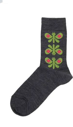 Bengt & Lotta Merino Wool Socks (35-39) Unisex Medium Butterfly Grey-Green Comfortable Soft All Year Use Swedish Design
