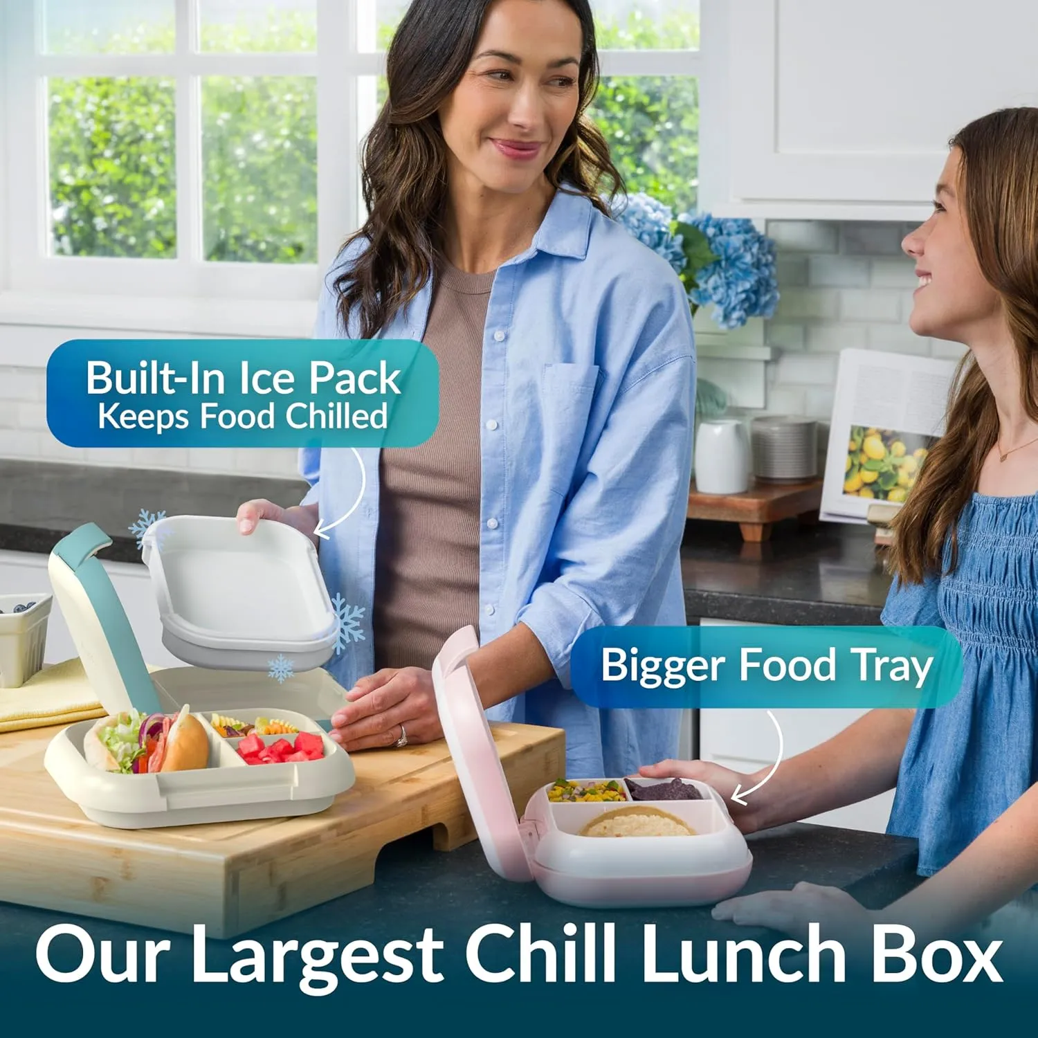 Bentgo Chill Max Leak-Proof XL Lunch Box - Included Ice Pack Keeps Food Cold; 5-Cup Capacity for Adults & Ages 8 , 3 or 4 Compartment Bento Box, BPA-Free, Dishwasher Safe (Bone & Glacier Blue)