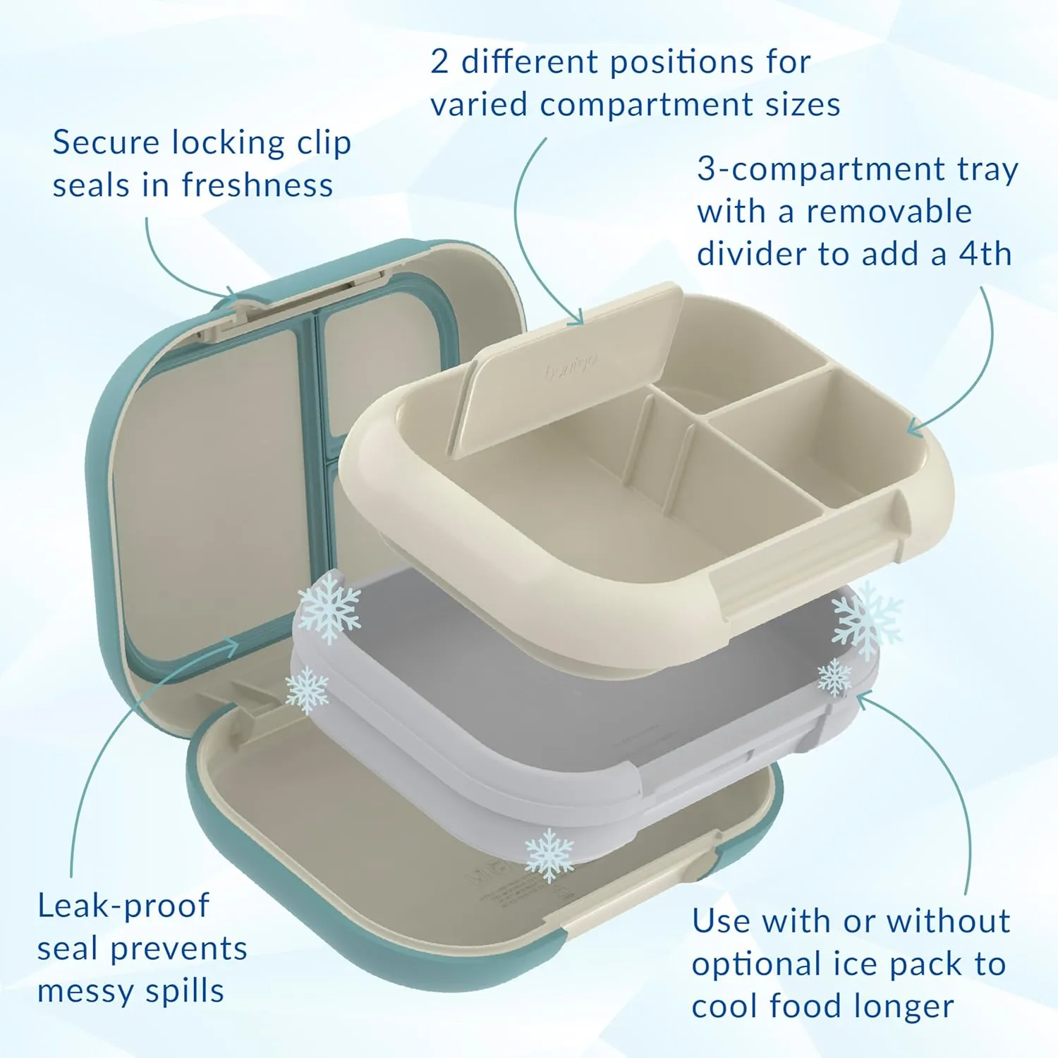 Bentgo Chill Max Leak-Proof XL Lunch Box - Included Ice Pack Keeps Food Cold; 5-Cup Capacity for Adults & Ages 8 , 3 or 4 Compartment Bento Box, BPA-Free, Dishwasher Safe (Bone & Glacier Blue)