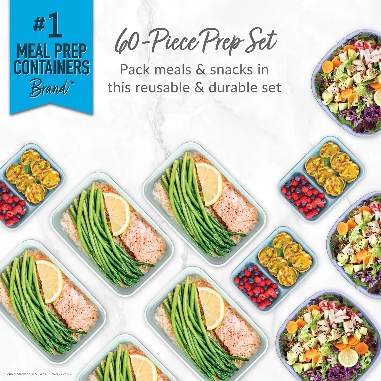 Bentgo Prep 60-Piece Variety Meal Prep Kit - Reusable Food Containers 1-Compartment Trays, Prep Bowls, & Snack Boxes for Healthy Eating - Microwave, Freezer, & Dishwasher Safe (Floral Pastels)