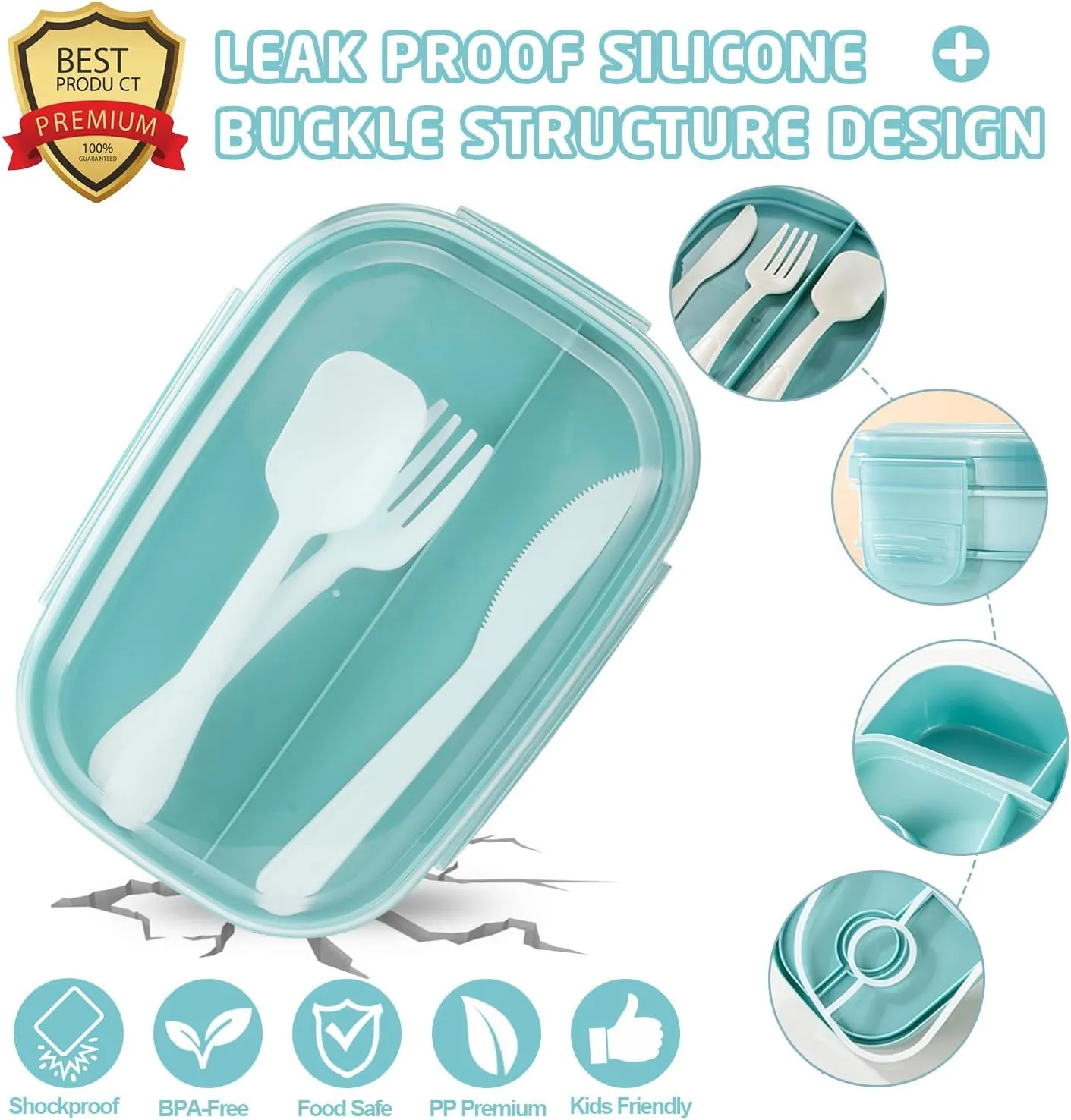 Bento Box Adults Lunch Box, Bento Lunch Box for Adults Kids Men Women Boys Girls School, Leak-proof Lunch Containers with Lunch Bag, Cup, Spoon, Forks, Dishcloth