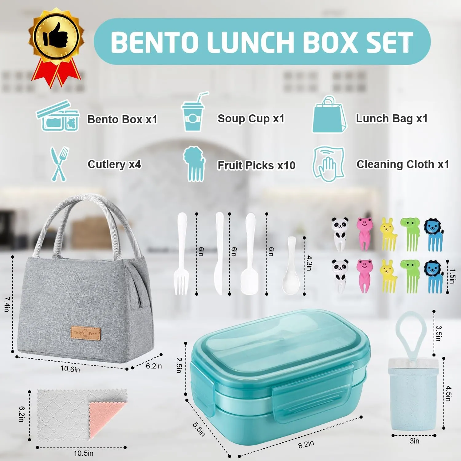 Bento Box Adults Lunch Box, Bento Lunch Box for Adults Kids Men Women Boys Girls School, Leak-proof Lunch Containers with Lunch Bag, Cup, Spoon, Forks, Dishcloth